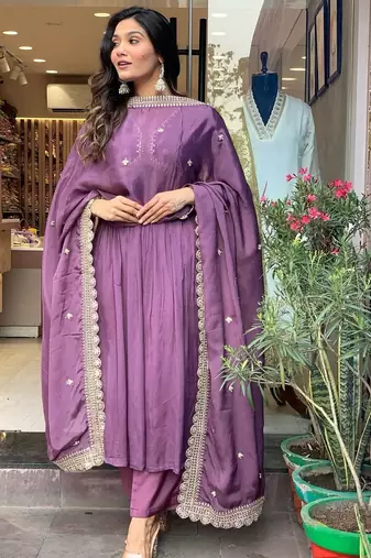 Purple cotton embroidered kurta with pant & duppata