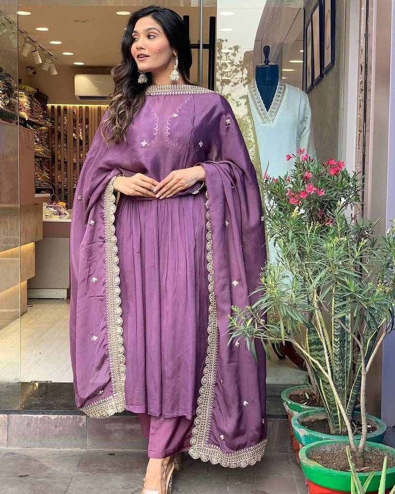 Purple cotton embroidered kurta with pant & duppata