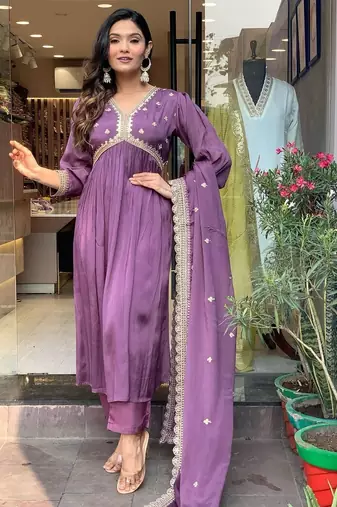 Purple cotton embroidered kurta with pant & duppata