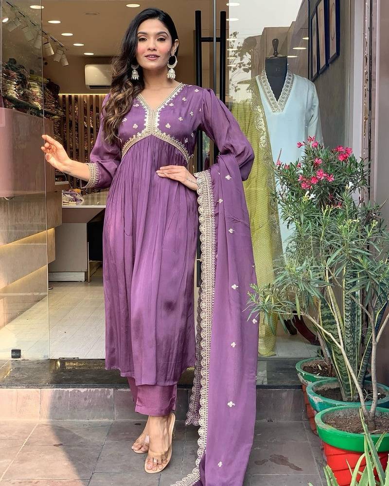 Purple cotton embroidered kurta with pant & duppata