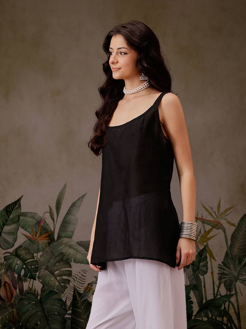 Hand Embroidered Black Georgette Lucknowi Chikankari Indian Women Straight Kurti With Slip