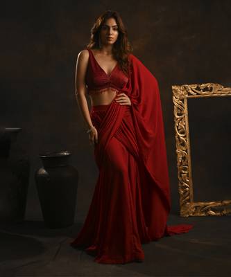 Red pre-drape saree with embellished blouse 1
