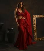 Red pre-drape saree with embellished blouse