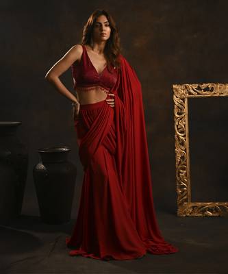 Red pre-drape saree with embellished blouse 4