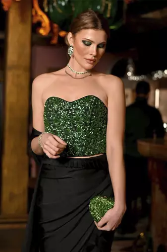 Black pre-drape saree with embellished corset