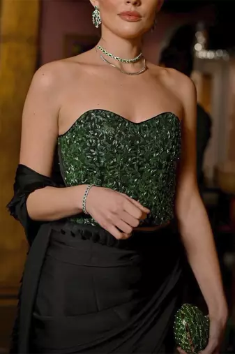 Black pre-drape saree with embellished corset