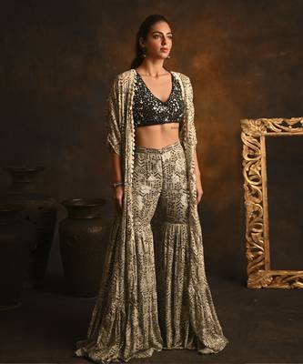 Printed cape set with mirrow work blouse and gharara 1