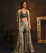 Printed cape set with mirrow work blouse and gharara