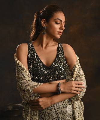 Printed cape set with mirrow work blouse and gharara 2