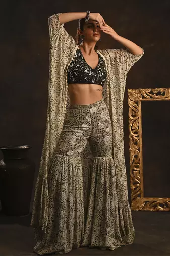 Printed cape set with mirrow work blouse and gharara
