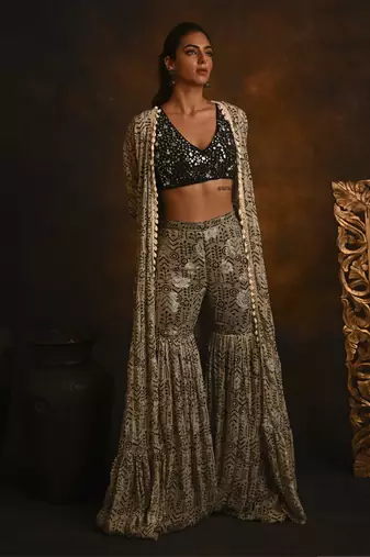 Printed cape set with mirrow work blouse and gharara