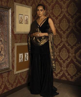 Black velvet gharara set with metallic dupatta 1