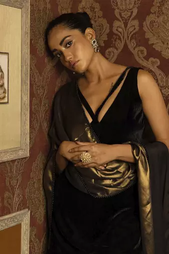 Black velvet gharara set with metallic dupatta