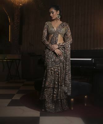 Printed ruffle saree with hand embellished blouse 1