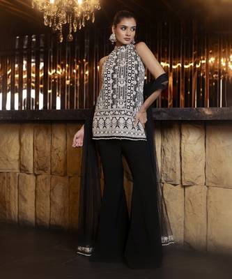 Black and white thread work kurta with flared trousers 3