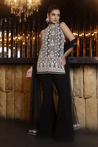 Black and white thread work kurta with flared trousers