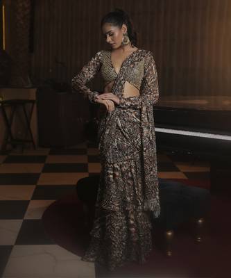 Printed ruffle saree with hand embellished blouse 3