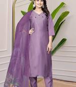 Light Purple Colour Premium Roman Silk Hand Work A-Line kurta set