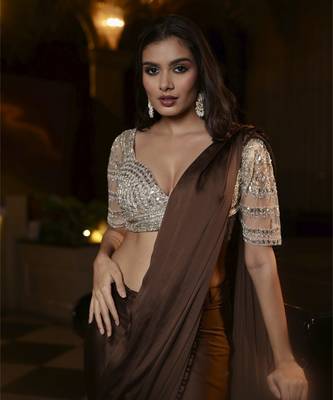 Chocolate brown satin pre draped saree with silver hand embellished kundan work blouse 1