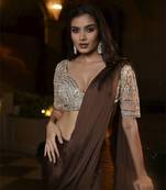 Chocolate brown satin pre draped saree with silver hand embellished kundan work blouse