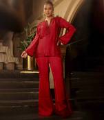 Red embellished kurta with flared pants