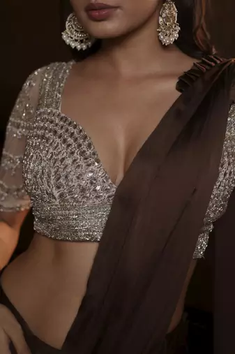 Chocolate brown satin pre draped saree with silver hand embellished kundan work blouse