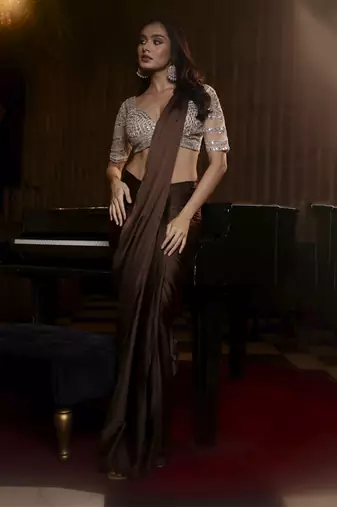 Chocolate brown satin pre draped saree with silver hand embellished kundan work blouse