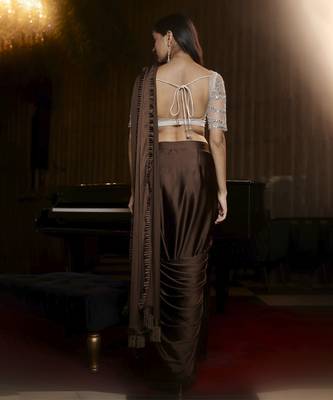 Chocolate brown satin pre draped saree with silver hand embellished kundan work blouse 4