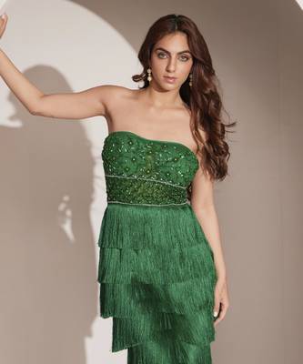 Green fringe gown with embellished bustier 1