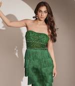 Green fringe gown with embellished bustier