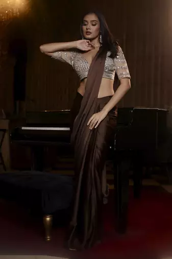 Chocolate brown satin pre draped saree with silver hand embellished kundan work blouse
