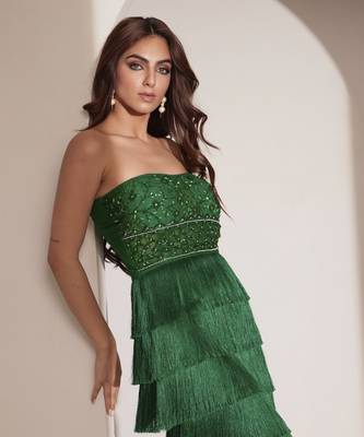 Green fringe gown with embellished bustier 2