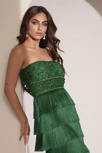 Green fringe gown with embellished bustier