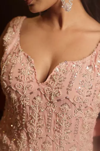 Pink embellished kurta with churidar pajami and dupatta
