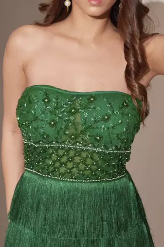 Green fringe gown with embellished bustier