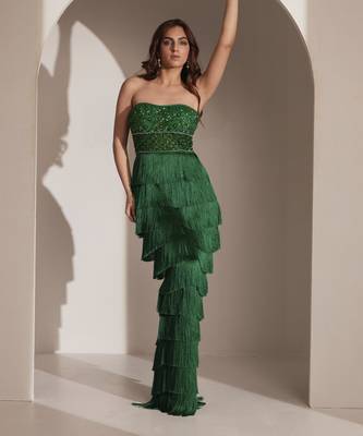 Green fringe gown with embellished bustier 4