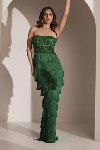 Green fringe gown with embellished bustier