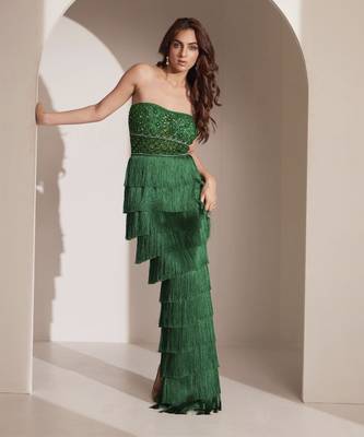 Green fringe gown with embellished bustier 5