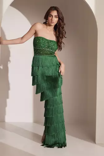 Green fringe gown with embellished bustier