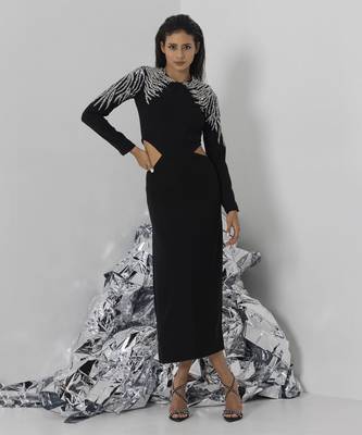Black midi embellished dress with cutout detail 1