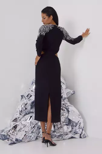 Black midi embellished dress with cutout detail