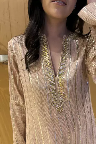 Peach embellished kurta with flared pants