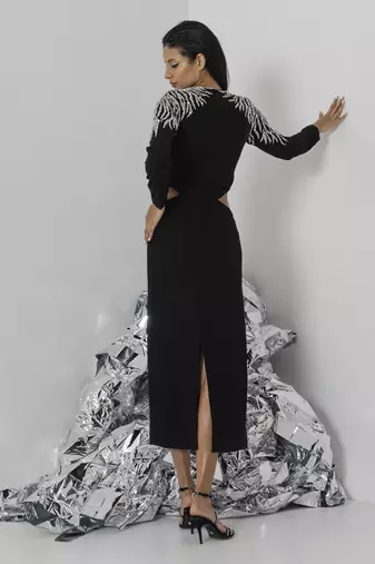 Black midi embellished dress with cutout detail