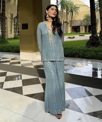 Ink blue jacquard kurta with flared pants 1