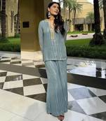 Ink blue jacquard kurta with flared pants