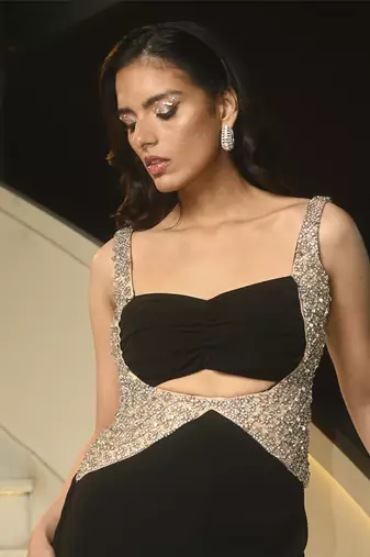 Black crystal embroidered gown