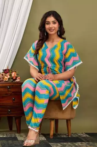 Multicolor cotton printed kurti & pant