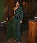 Bottle green coord with embellished pants and one off shoulder top