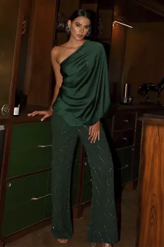 Bottle green coord with embellished pants and one off shoulder top