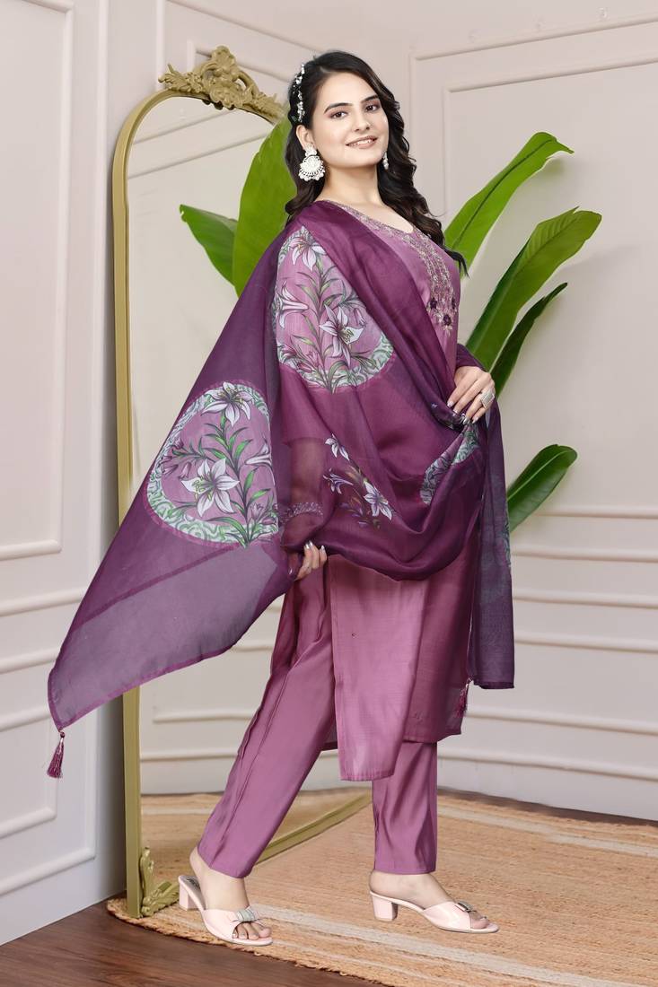 Light Wine Premium Roman Silk Hand Work A-Line kurta set